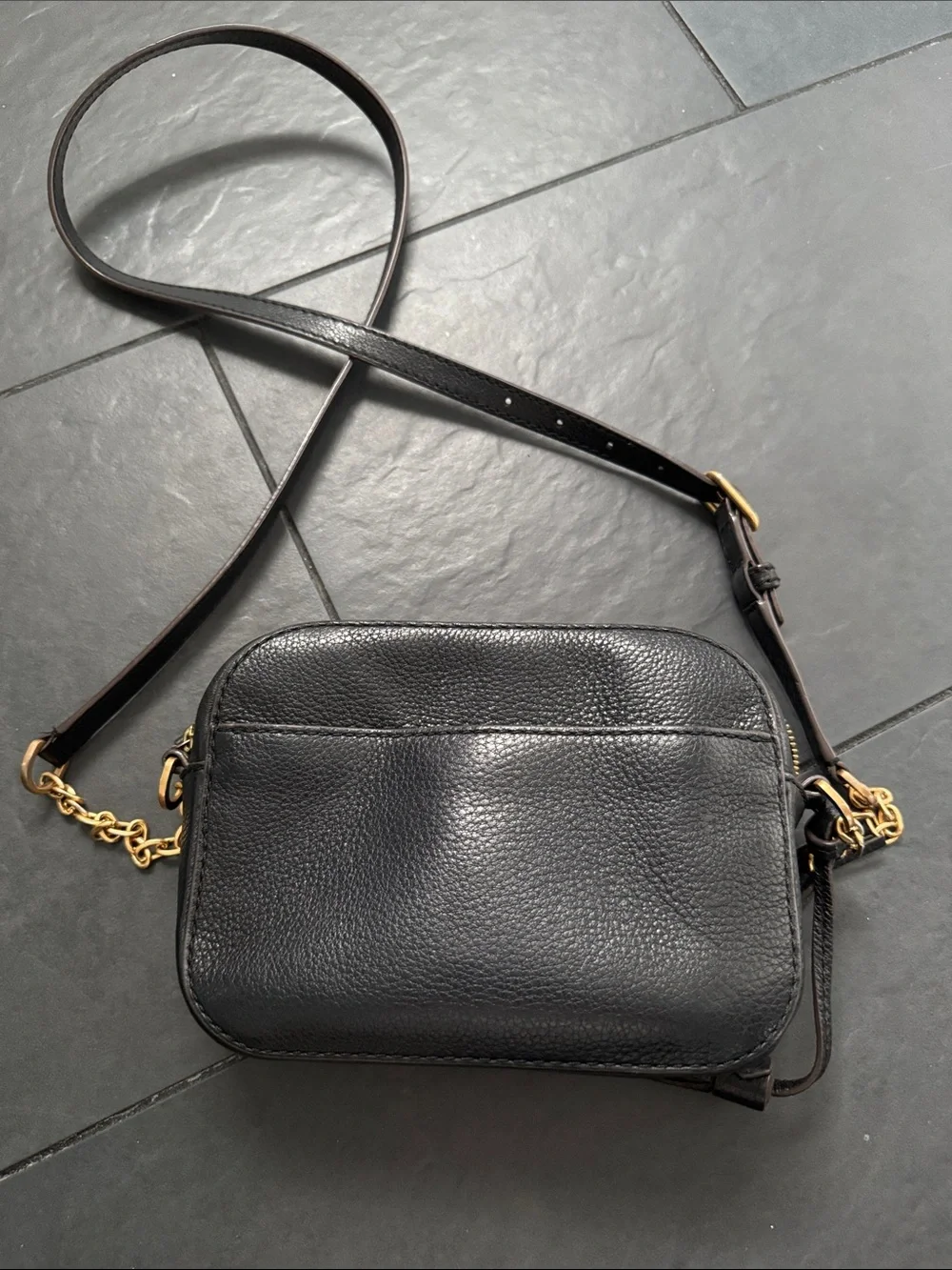Tory Burch Black Pebbled Leather Crossbody with Tassel and Gold Chain